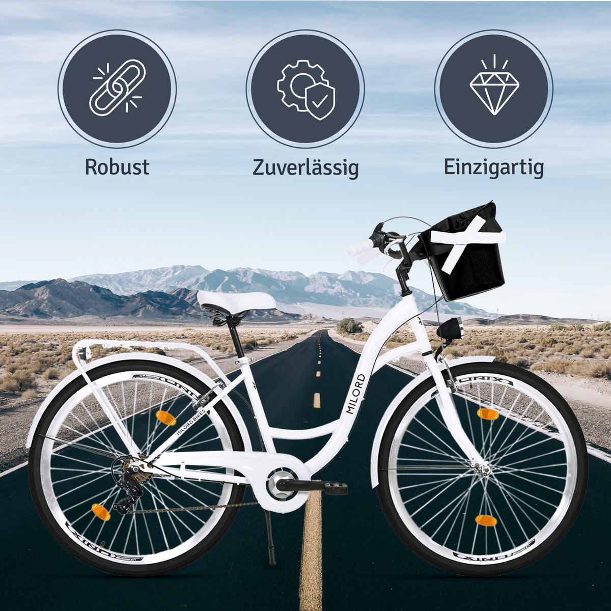 CITY-FAHRRAD Milord mit Metallkorb, 28 Zoll, Weiß, 1-Gang - Weiß, Metall (46cm) - Milordbikes