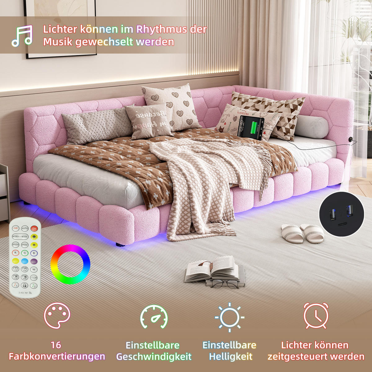 TAGEBETT 90x200cm Rosa Vliesimitat 16 Farben Umgebungslicht USB-C - Pink, Holz (90/200cm) - FLIEKS