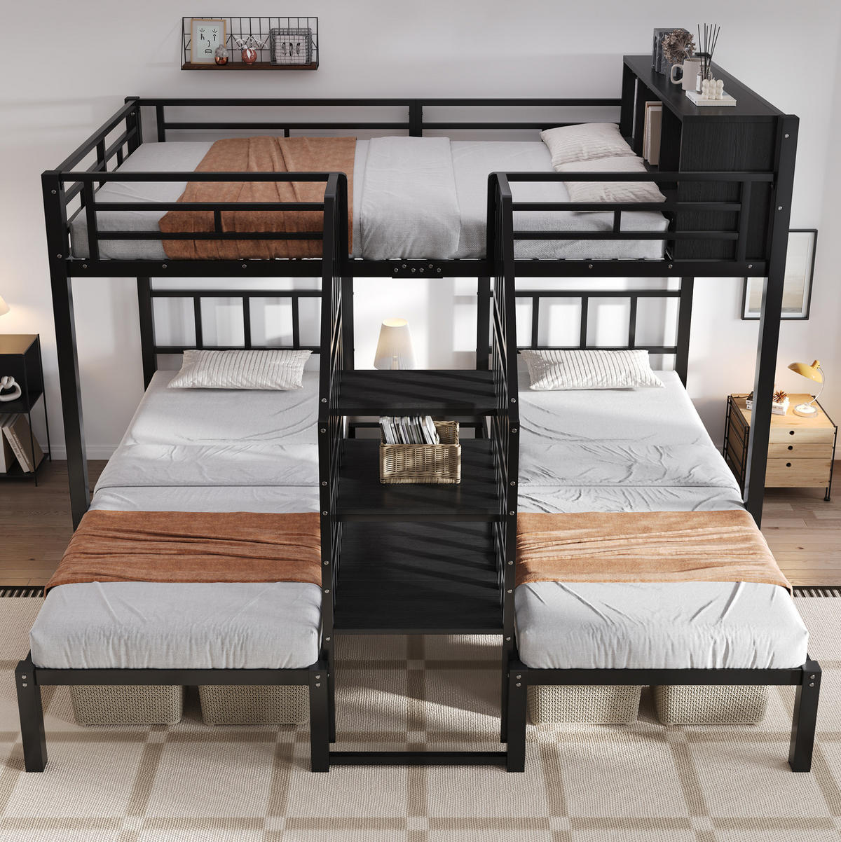 ETAGENBETT 90/200 & 140/200 cm mit Treppe, Handläufen und Stauraum, Schwarz - Schwarz, Metall (90/200cm) - Redom