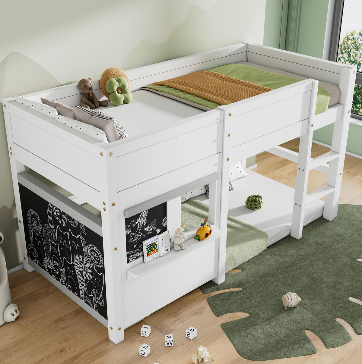 HAUSBETT 90/200 cm mit Tafel, Ablage, Treppe und Fallschutz , Weiß - Weiß, Holzwerkstoff (90/200cm) - Redom