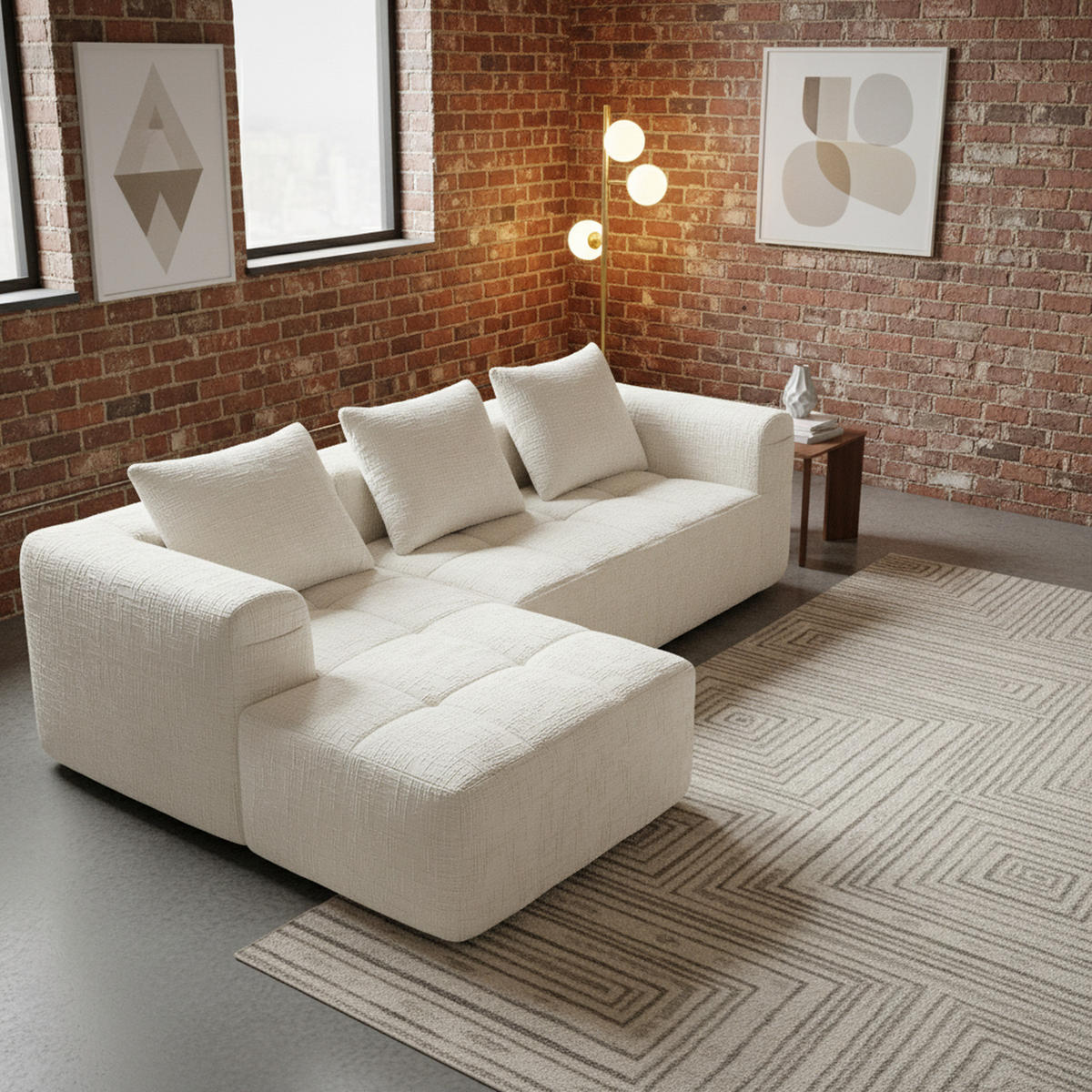 ECKSOFA 3-Sitzer mit Chaiselongue Taschen, Beige Chenille - Beige, Textil (158/250cm) - Urban Meuble