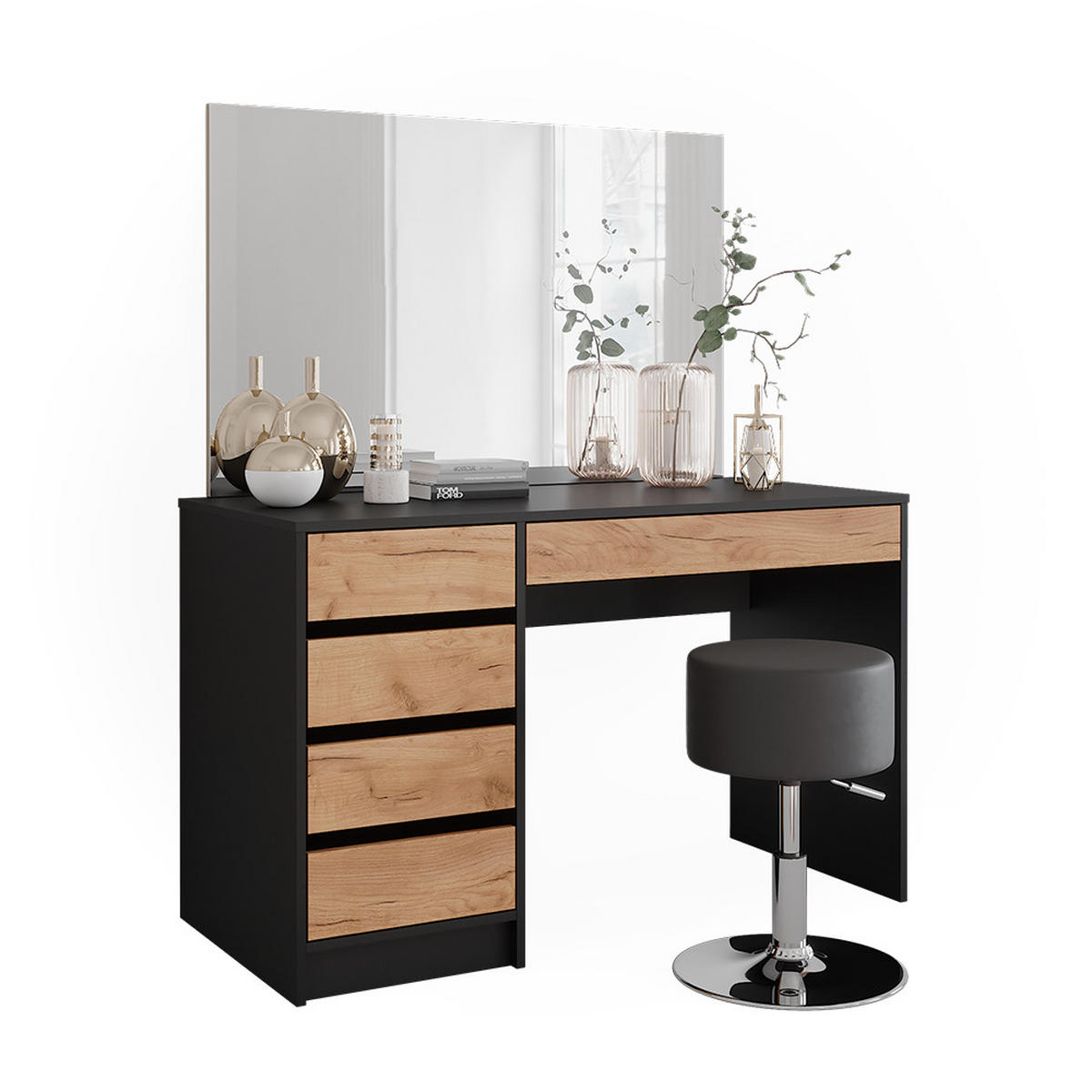 SCHMINKTISCH Sherry Anthrazit 120 x 75 cm mit Spiegel und Hocker - Honigeiche/Anthrazit, Holzwerkstoff (120/75/55cm) - Vicco