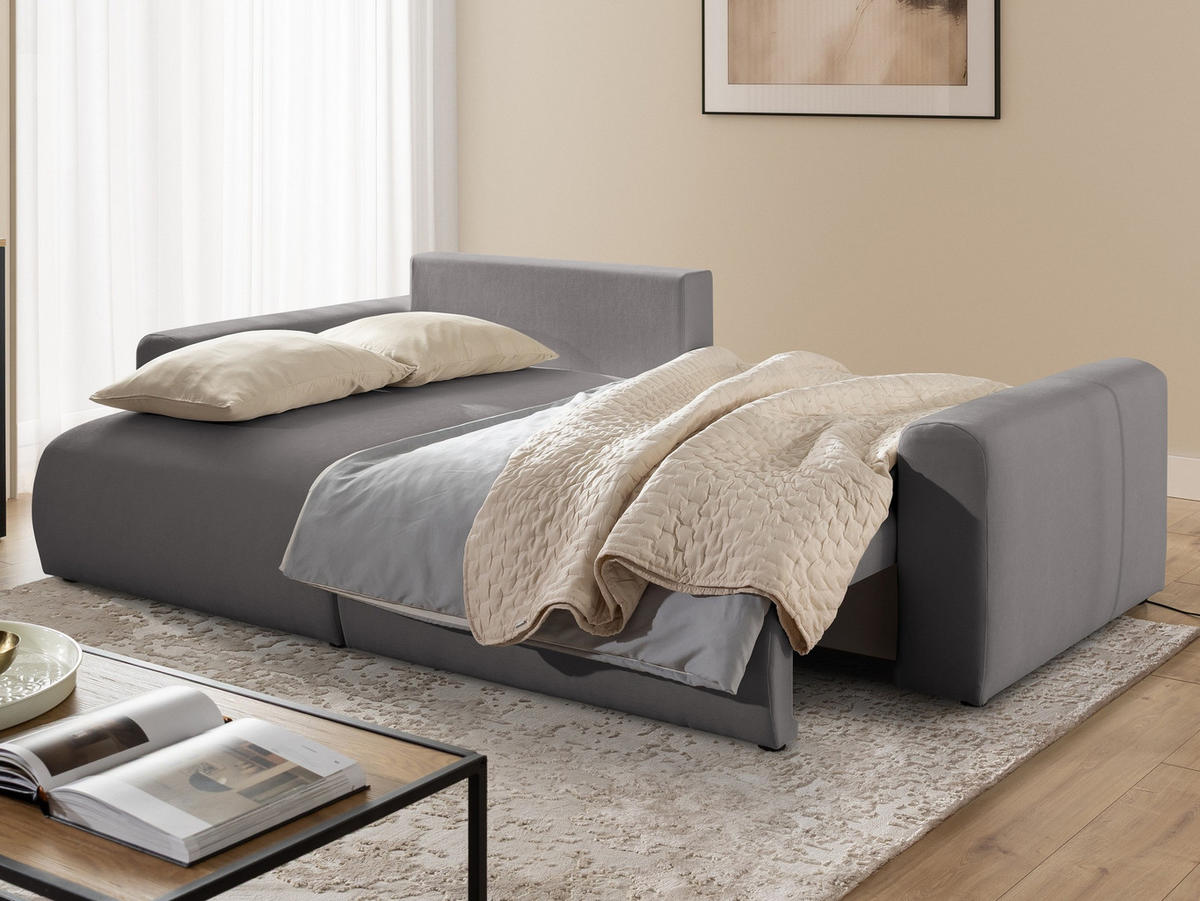 ECKSOFA Calma mit Schlaffunktion und Bettkasten im Bumpy-Design aus weichem Taupe Webstoff - Ottomane links - Taupe/Schwarz, Holz/Kunststoff (239/140cm) - S-Style