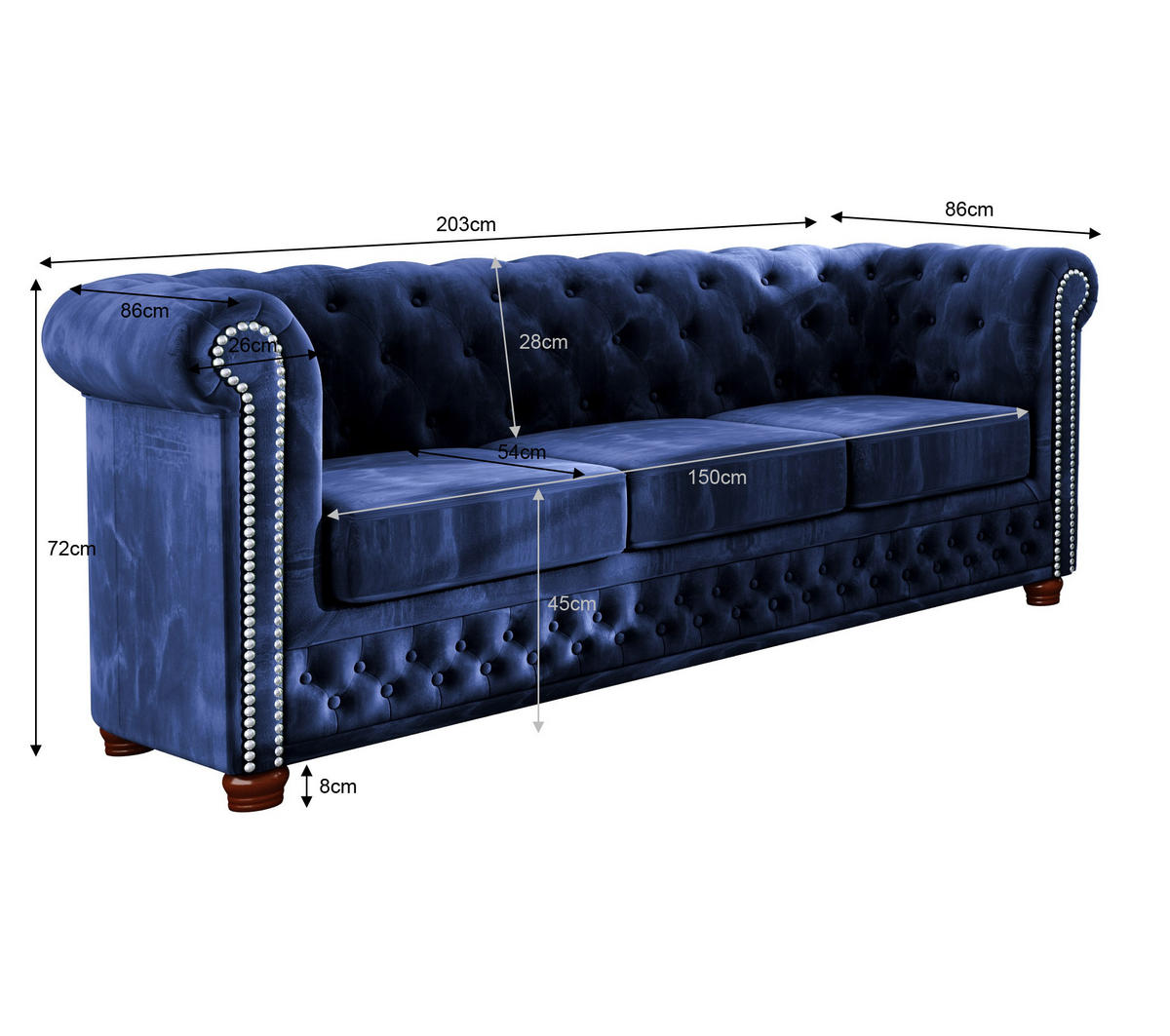 SITZGARNITUR 3+2+1 Chesterfield Lauren Marineblau Samt - Dunkelblau/Braun, Holz/Textil (203/72/86cm) - S-Style Möbel