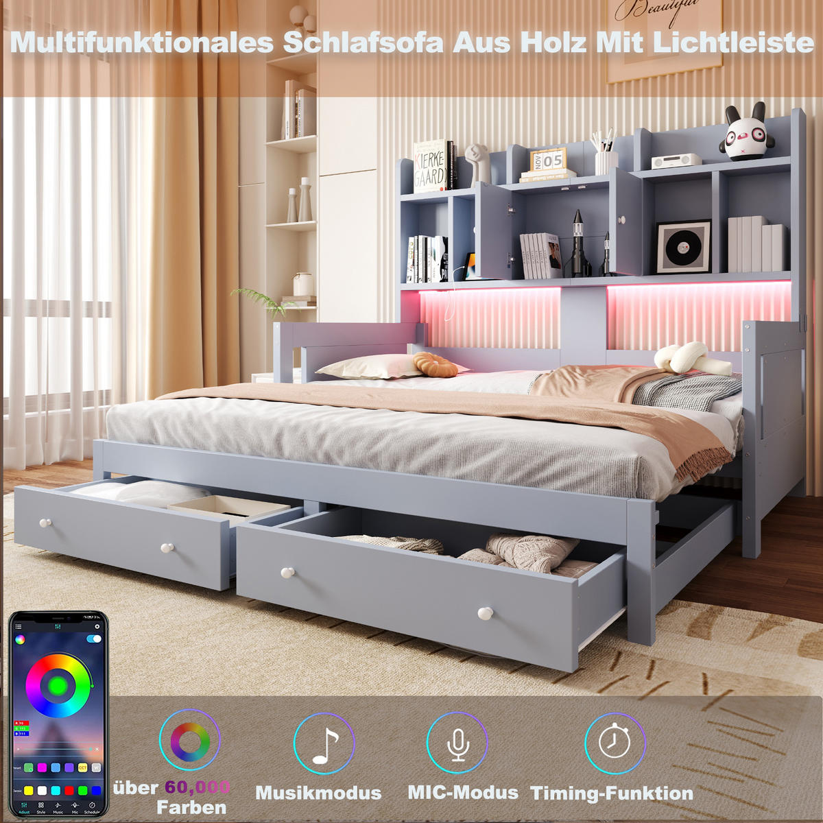 SCHLAFSOFA Holz Ausziehbett LED Stauraum Steckdose Grau - Grau, Holz (90/190cm) - FLIEKS
