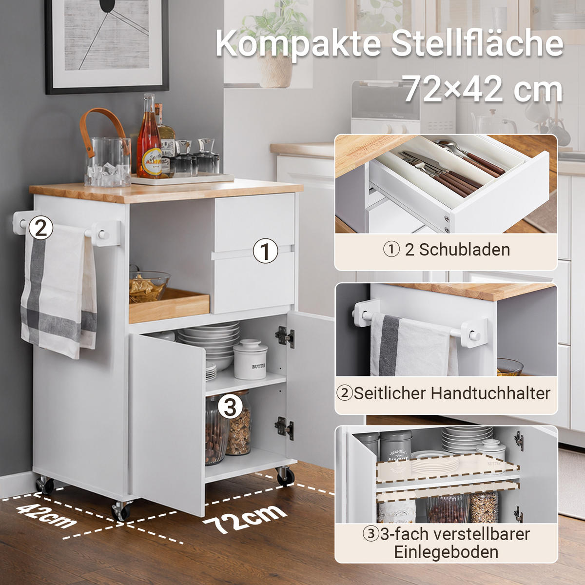 KÜCHENWAGEN weiß mit Bremsrollen, 72 x 84 x 40 cm, Arbeitsplatte, Tablett, 2 Schubladen, Handtuchhalter, bis 77 kg - Weiß/Naturfarben, Holz/Holzwerkstoff (72/84/40cm) - SoBuy