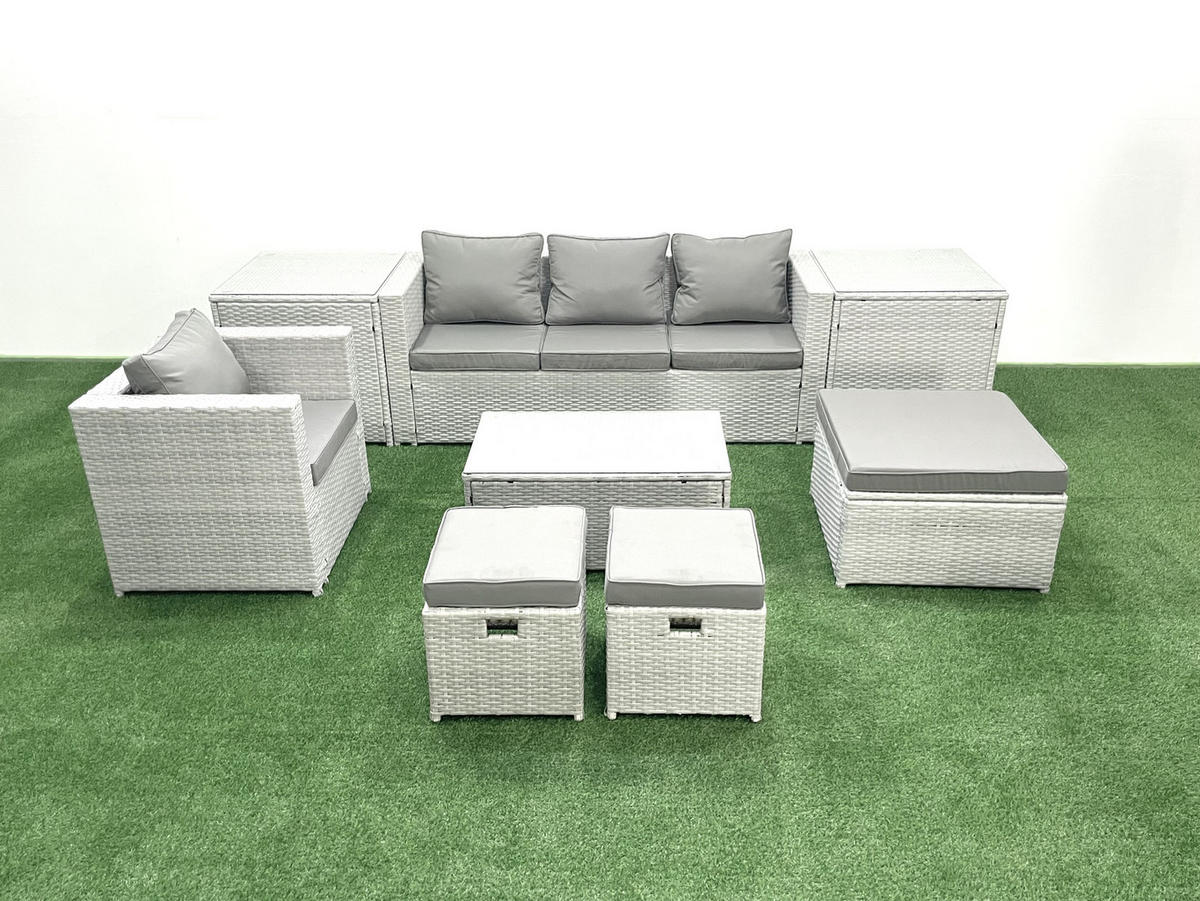 GARTENSET mit 3-SITZER SOFA,COUCHTISCH Polyrattan Hellgrau-Mix 7-Sitzer - Hellgrau/Grau, Glas/Kunststoff - Fimous