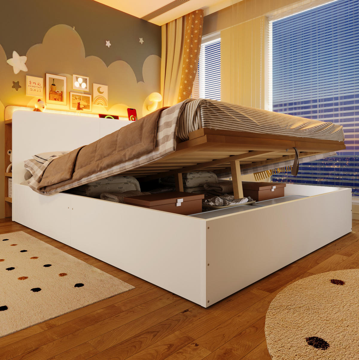KINDERBETT aus Kiefer 140x200 cm Weiß/Natur mit LED-Beleuchtung, USB-C und hydraulischem Bettkasten - Weiß, Holzwerkstoff (140/200cm) - Modfu