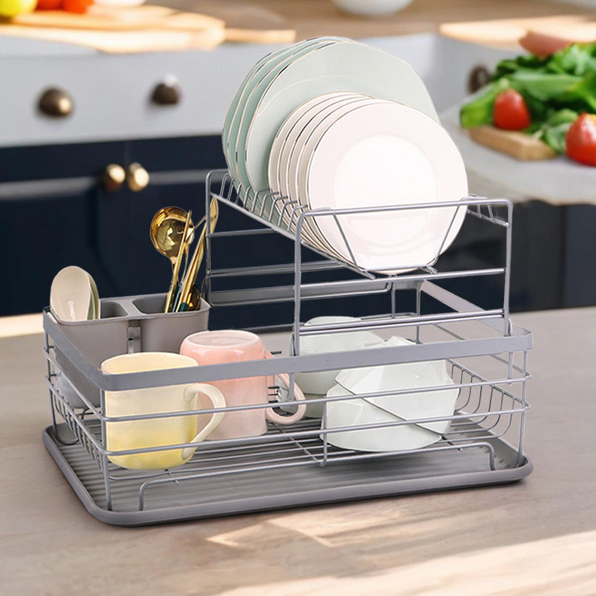 GESCHIRRABTROPFGESTELL Zweistufiges aus Eisen, PP in Silbergrau Schnelleres Trocknen Leicht zu montieren 43 x 32 x 27 cm - Silberfarben, Metall (43/27/32cm) - Livingandhome