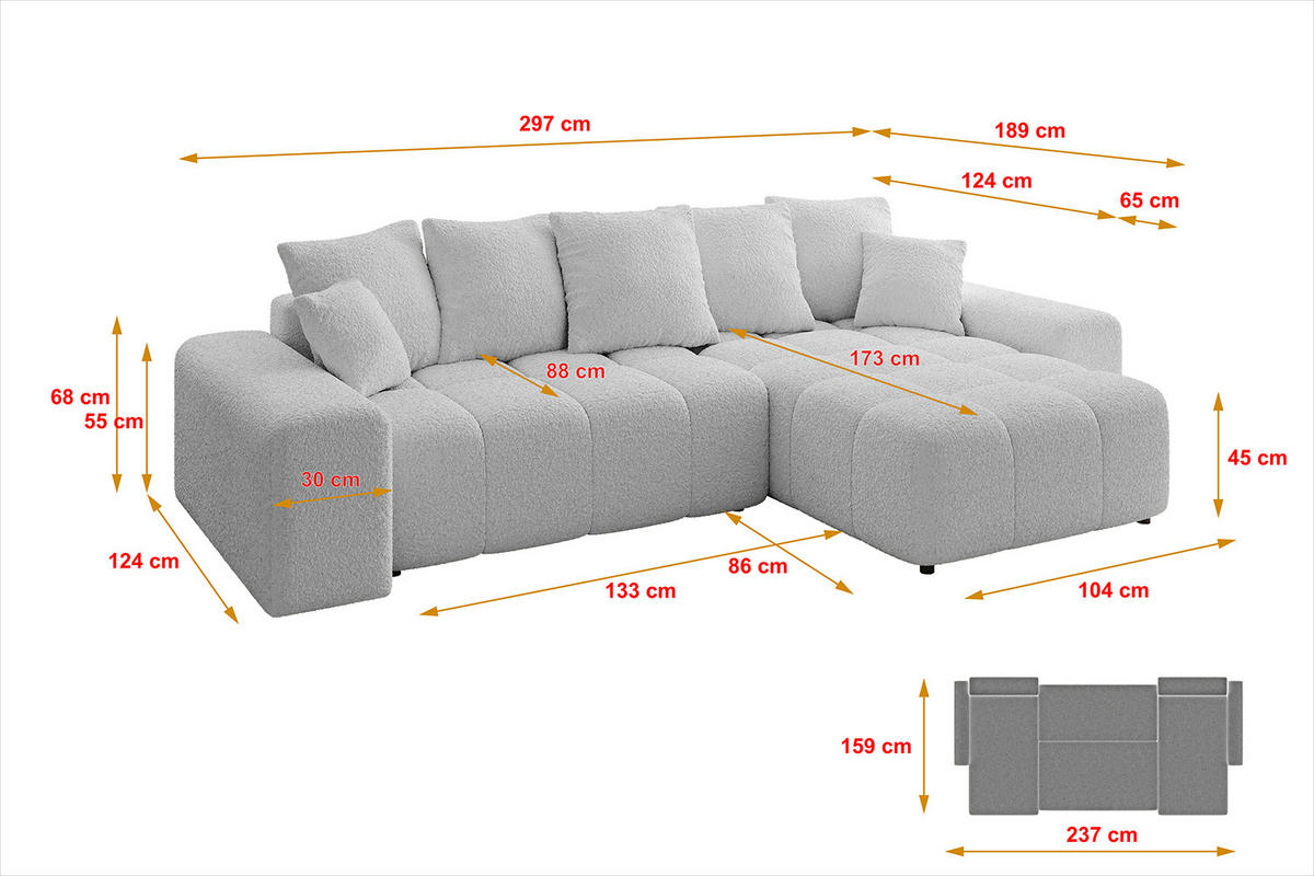 ECKSOFA Ottomane rechts ENIL-L 297x189x68 Hellgrau Bouclé - Hellgrau, Holzwerkstoff/Kunststoff (189/297cm) - ALTDECOR