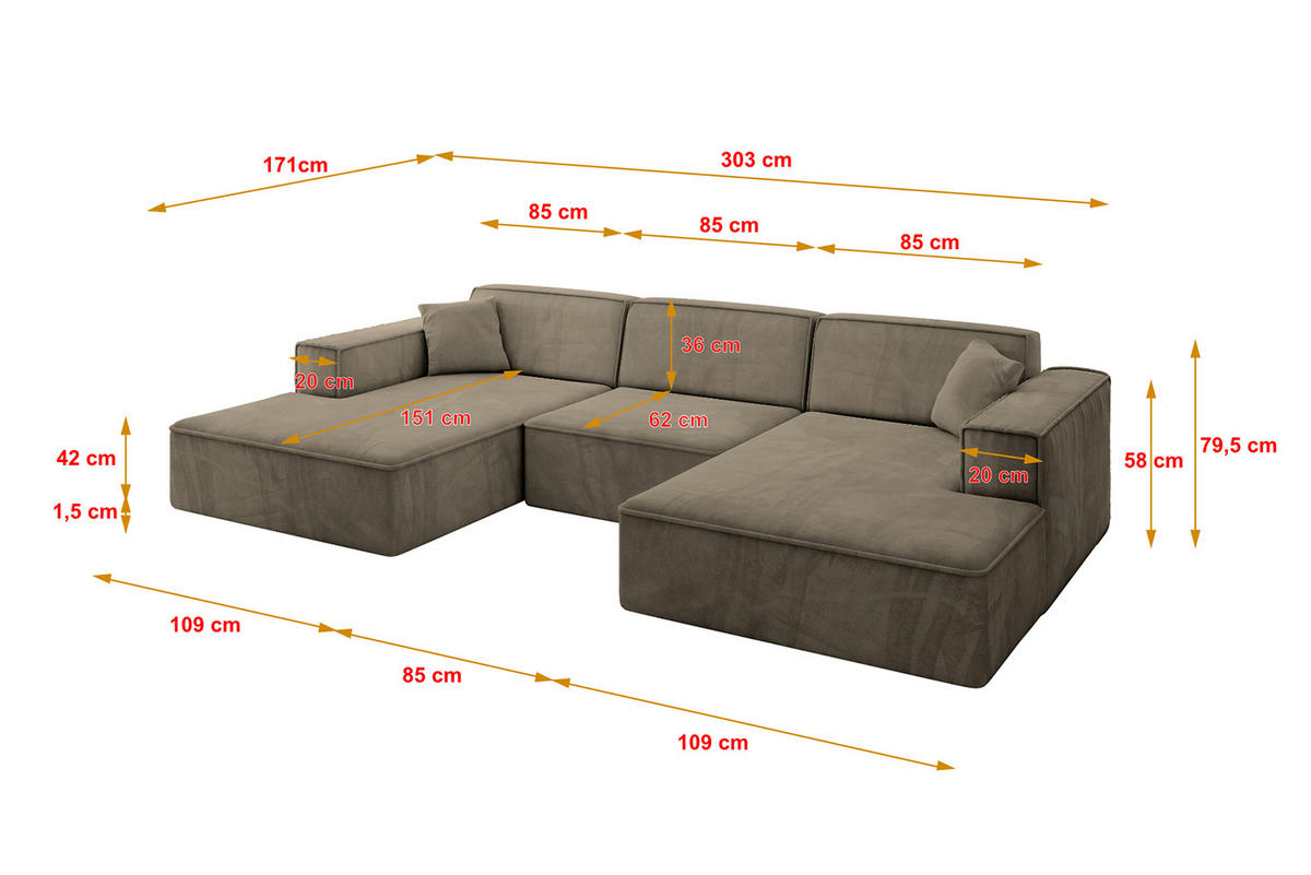 WOHNLANDSCHAFT IREA-U1-v4 - 303x171x79 cm Braun - Braun, Holzwerkstoff/Textil (303/79/171cm) - ALTDECOR