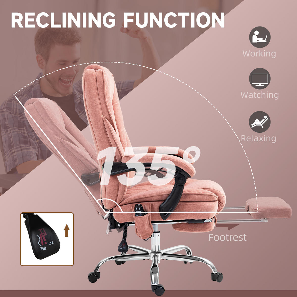 BÜROSTUHL mit Massagefunktion Polyester Stahl Rosa - Rosa, Metall (67/119/72cm) - Vinsetto