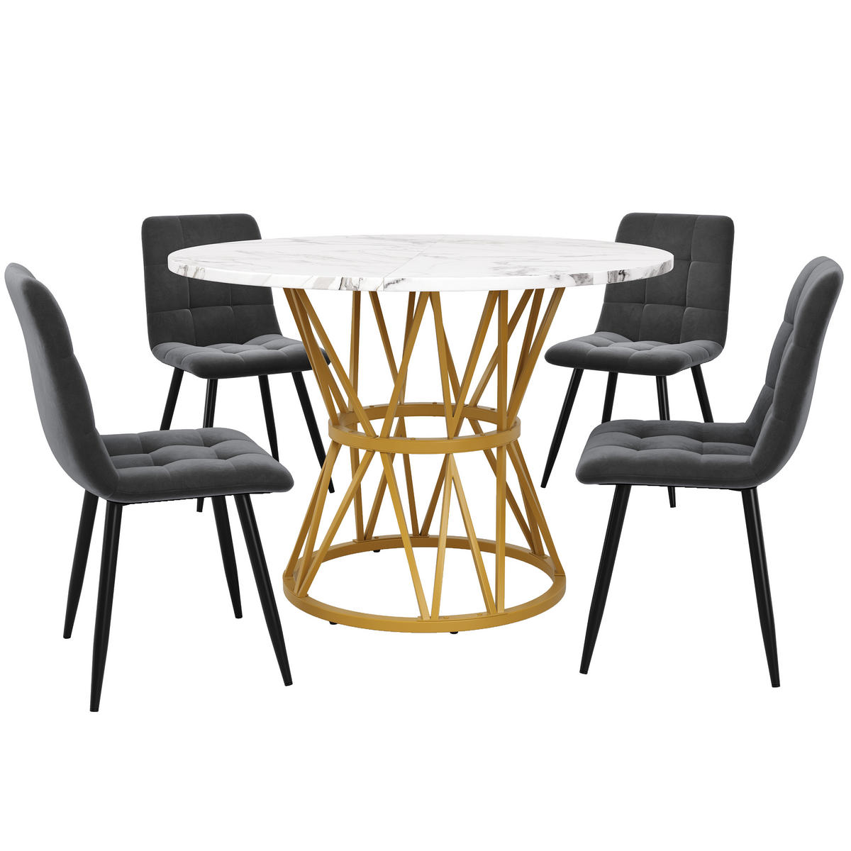 ESSTISCHSET 5-Teilig Rund 100 Cm, MDF Marmor, 4 Graue Samtstühle, Metall - Multicolor, Holzwerkstoff (65.99/27.99/70cm) - FLIEKS