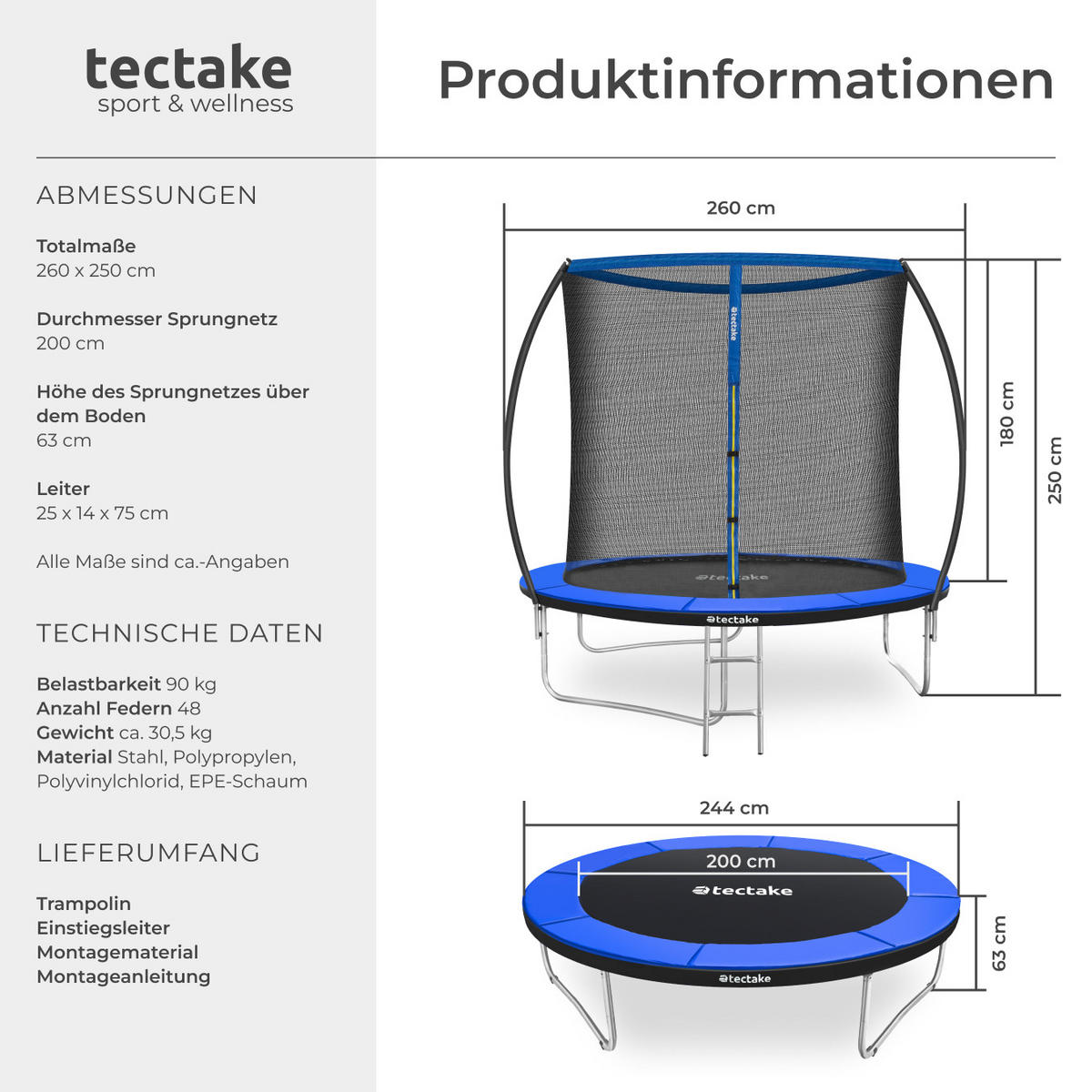 TRAMPOLIN Jumpy,inklusive Einstiegsleiter,schwarz/blau - Blau/Schwarz, Metall (260/250/260cm) - tectake