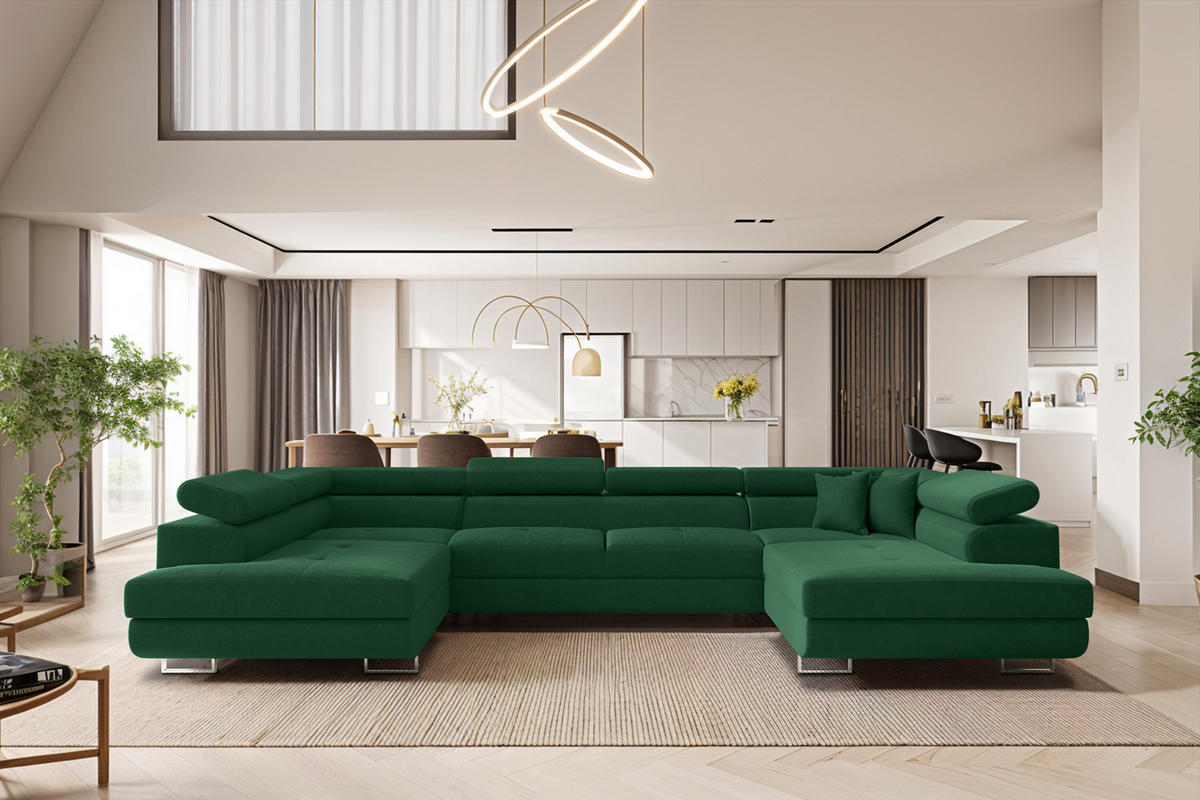 ECKSOFA Falio U-förmiges mit Schlaffunktion und Kopfstützen Velours Dunkelgrün - Dunkelgrün, Holz/Textil (202/345cm) - Kaiser Möbel
