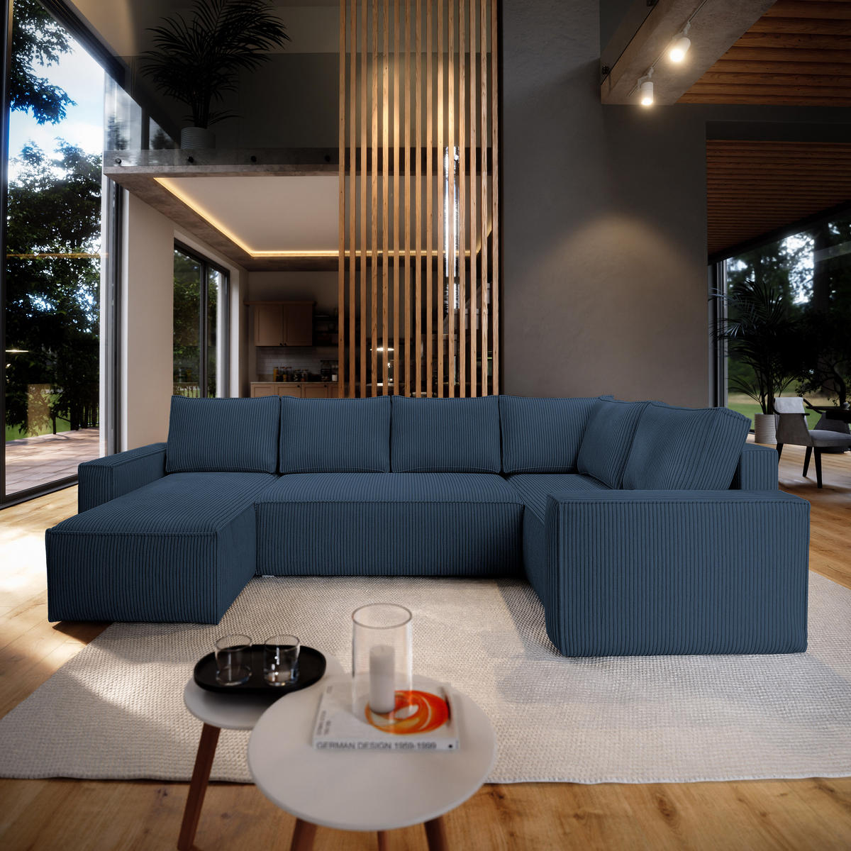 ROHOVÁ SEDAČKA NORENA modrá - šedá/modrá, dřevo/textil (295/157.5cm) - MASSENO