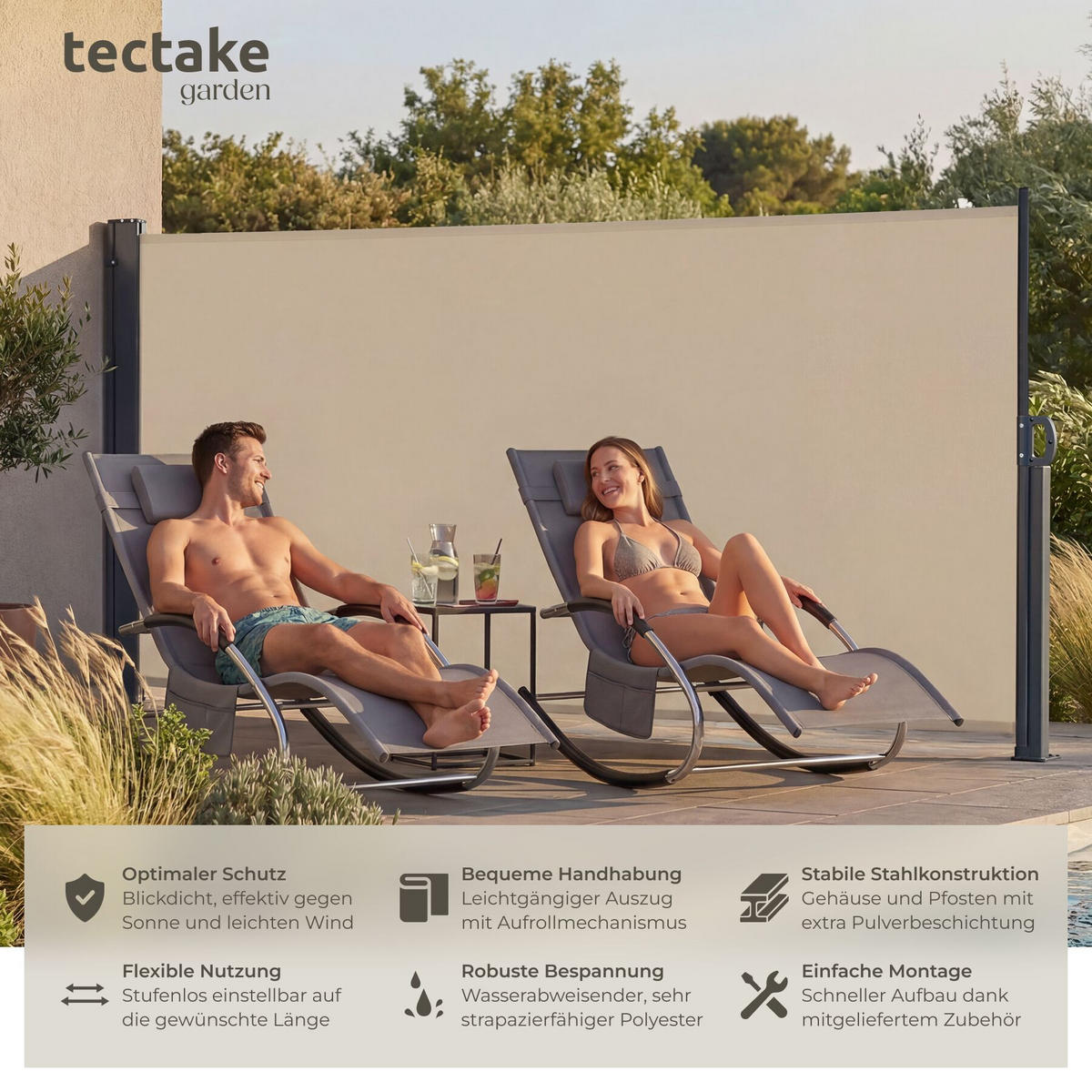 SEITENMARKISE , ausziehbar, mit Aufrollmechanismus, beige - Beige, Kunststoff (300/160/9cm) - tectake