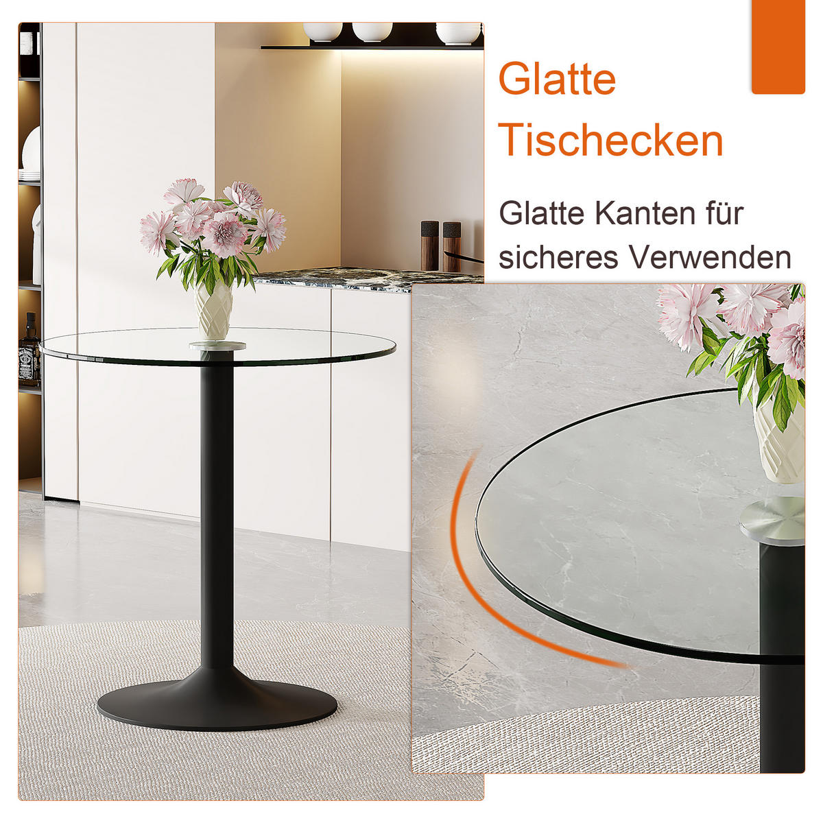 RUNDER Bartisch 89/89 cm, Höhe 92 cm mit Glasplatte und schwarzem Metallgestell - Schwarz, Holzwerkstoff (89/89/92cm) - BEAOK