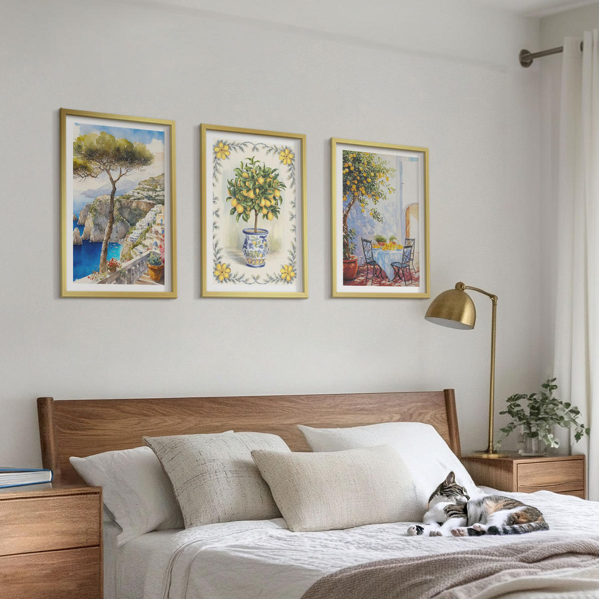 WANDBILDER 3er Set - 40x60 cm Goldrahmen - Blick auf das Meer aus Zitronenbäumen - Goldfarben, Kunststoff (40/60cm) - ArtPrintCave