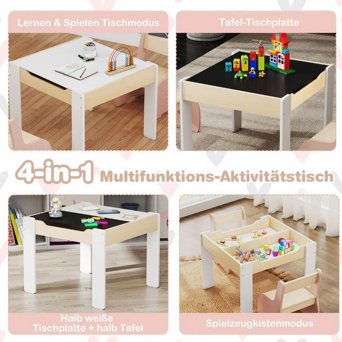 KINDERTISCH mit Stuhl rosa(3-tlg) - Pink, Holzwerkstoff (63.5/48/61.5cm) - COSTWAY