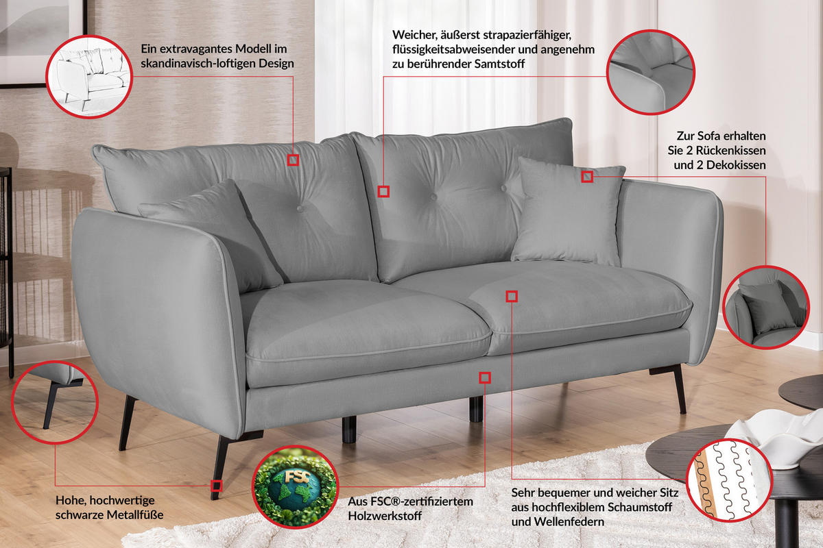 SITZGARNITUR 3+2+1 Nordloft Hellgrau Samt - Hellgrau/Schwarz, Holz/Textil (204/86/100cm) - S-Style Möbel