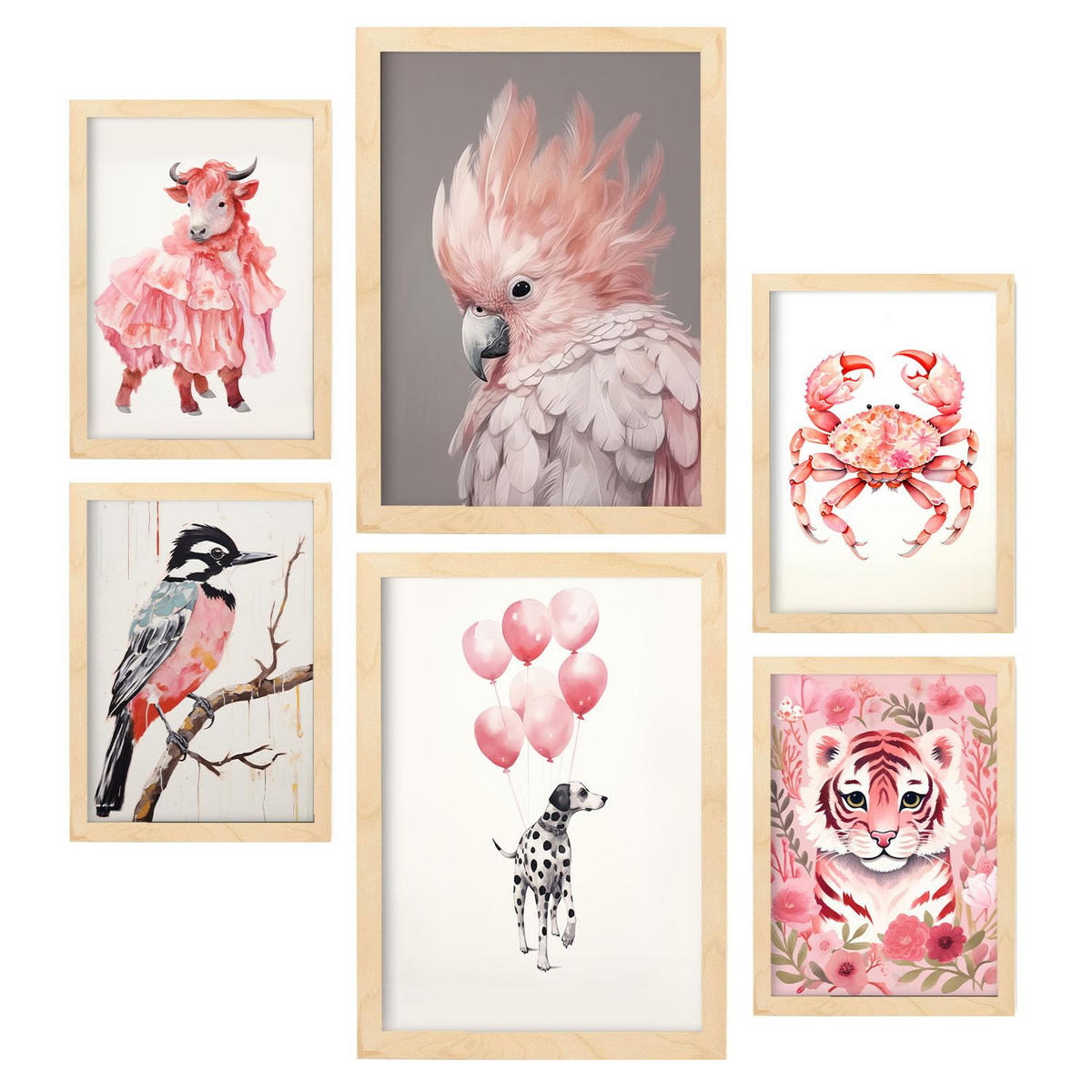 POSTER Set Mit 6 Rosa Tiere A3 & A4 Rahmen Aus Hellem Holz - Beige, Papier (29/3cm) - Nacnic