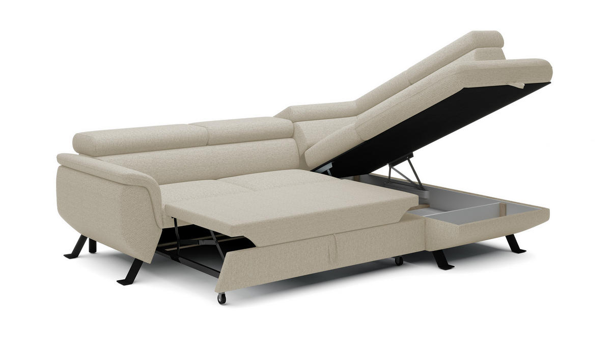 ECKSOFA Raven L mit Schlaffunktion und Bettkasten, Freistehend, Polstersofa mit Verstellbaren Kopfstützen, 257x198x96 cm – Rechte, Beige - Beige, Holz/Textil (256/198cm) - DomoHome