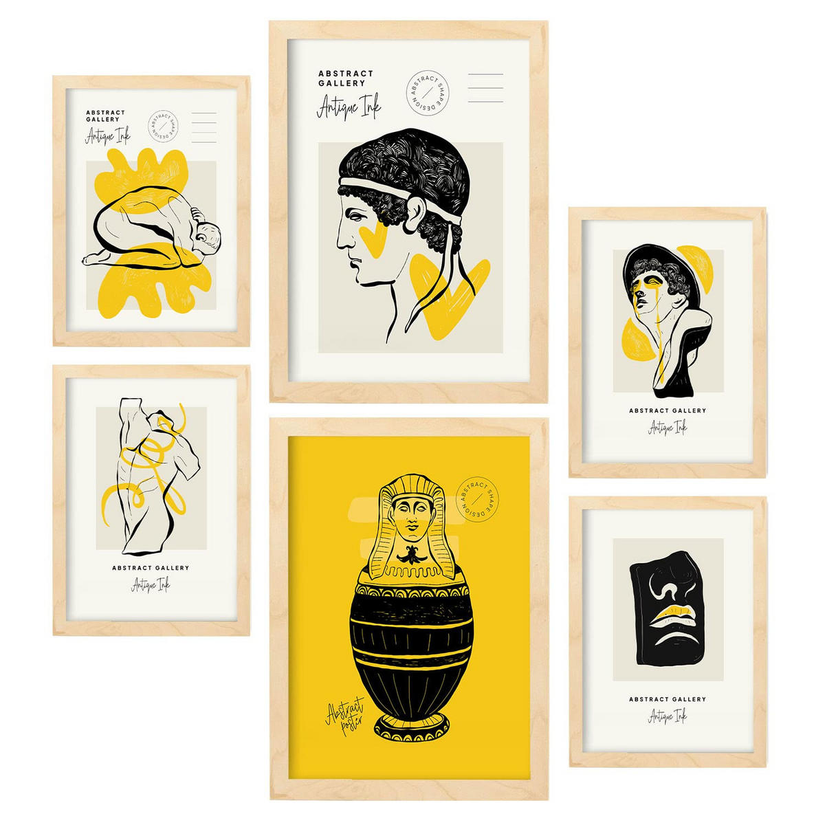 POSTER Set Mit 6 Black Ink Body Cult Größe A3 & A4 Rahmen aus hellem Holz - Beige, Papier (29.7/1cm) - Nacnic