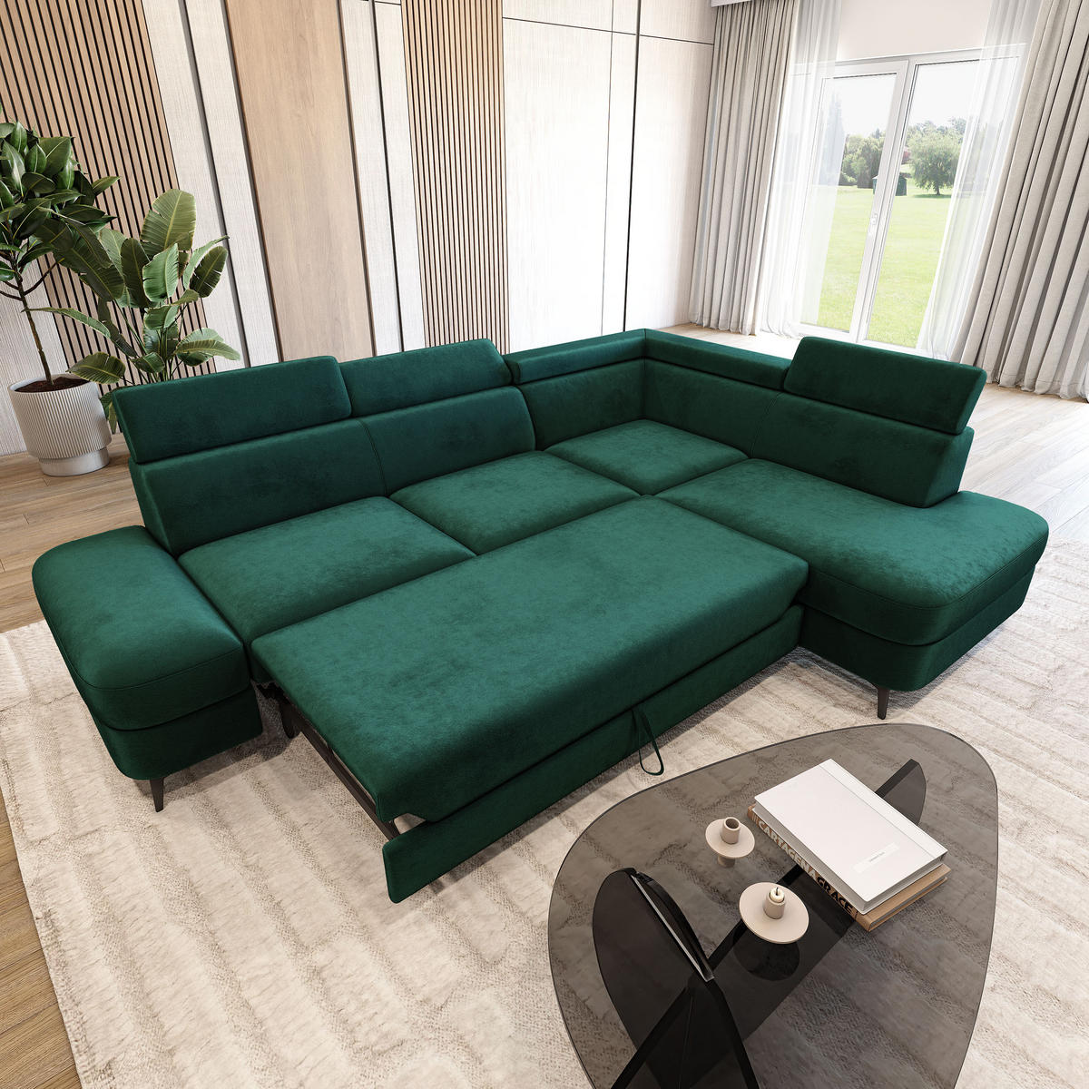 ECKSOFA AVISE M R-S Grün Velours-Stoff mit Schlaffunktion - Grün, Holzwerkstoff/Textil (268/195cm) - MASSENO