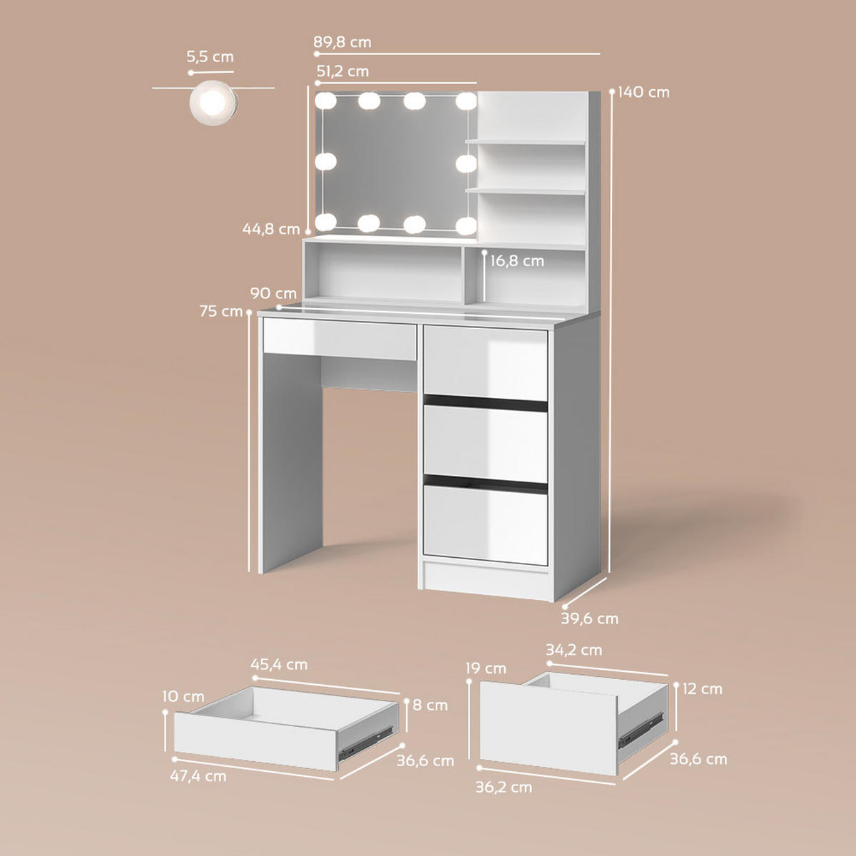 SCHMINKTISCH Imola Weiß 140 cm mit LED Beleuchtung, und Spiegelregal - Weiß, Holzwerkstoff (140/75/40cm) - Livinity®