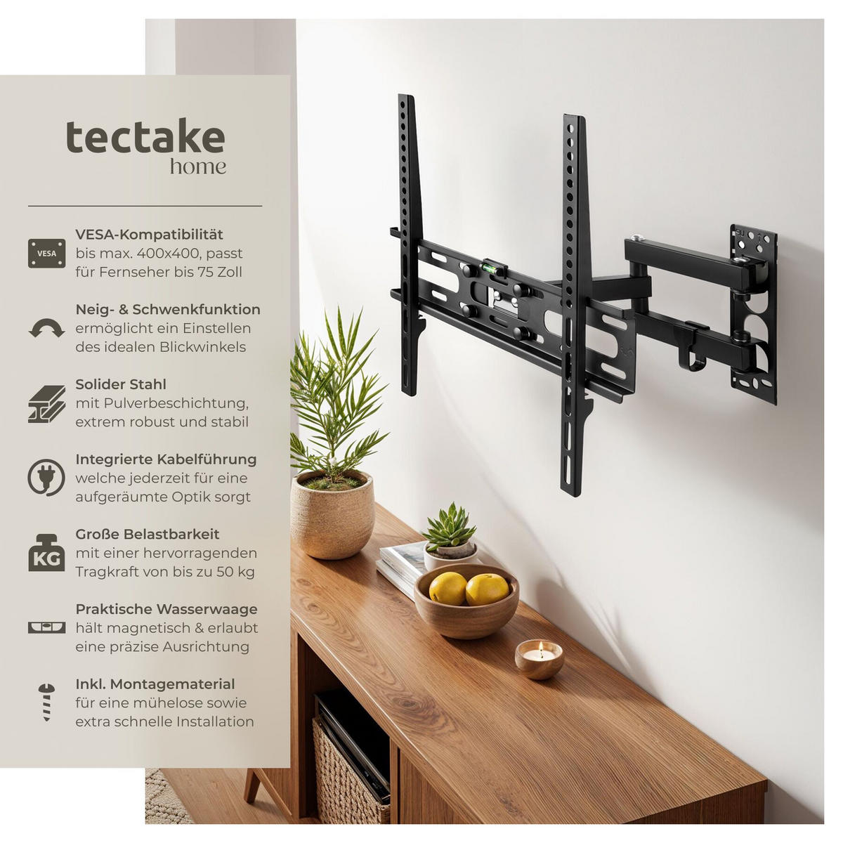 TV-WANDHALTERUNG, bis 50 kg, schwarz - Schwarz, Metall (8.1/43/44.5cm) - tectake