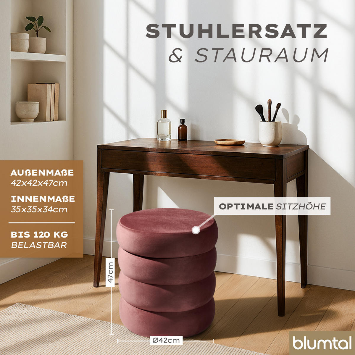 SAMTHOCKER mit Stauraum Rund – Samt Pouf Rosa (42x42x47 cm) - Rosa, Textil (42/47/42cm) - Blumtal