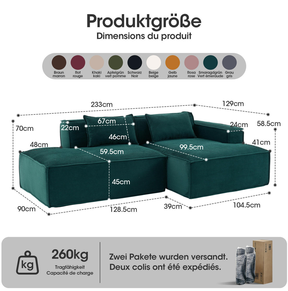 SOFA kompakt 235 cm Polyester Retro Green - Dunkelgrün, Textil (129/235cm) - Meubliv