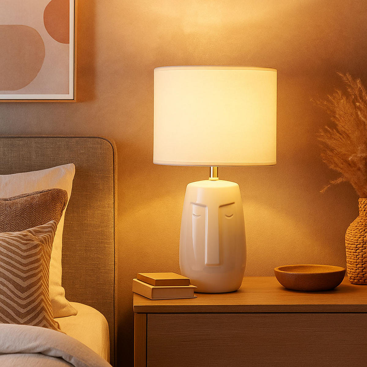 TISCHLEUCHTE Keramik Weiß mit Textilschirm 2er Set - Weiß, Textil (22/22/38.5cm)