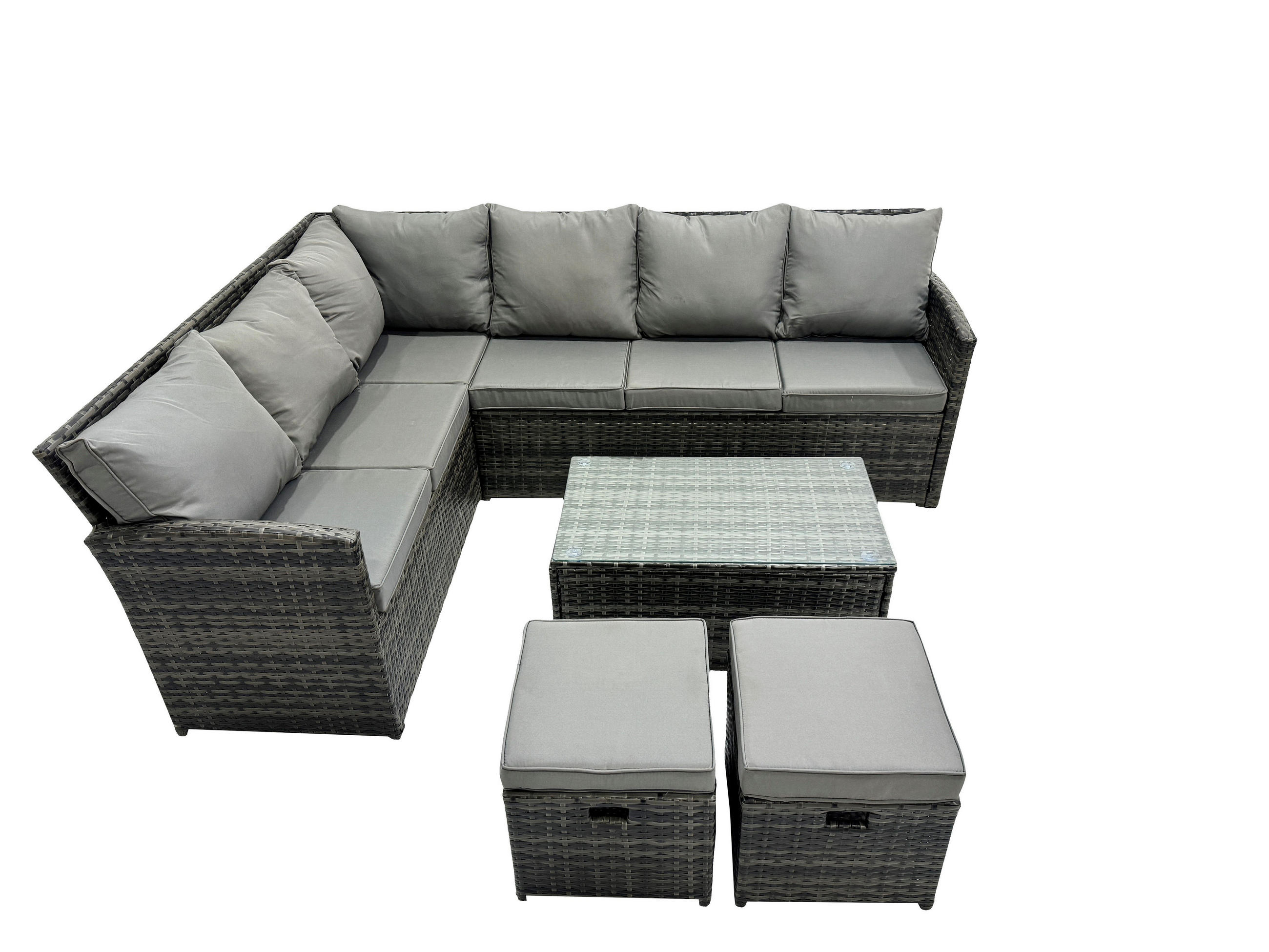 GARTENMÖBEL SET mit Länglicher Couchtisch Polyrattan Dunkelgrau 8-Sitzer - Dunkelgrau/Grau, Glas/Kunststoff - Fimous