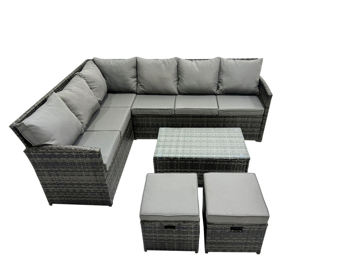GARTENMÖBEL SET mit Länglicher Couchtisch Polyrattan Dunkelgrau 8-Sitzer - Dunkelgrau/Grau, Glas/Kunststoff - Fimous
