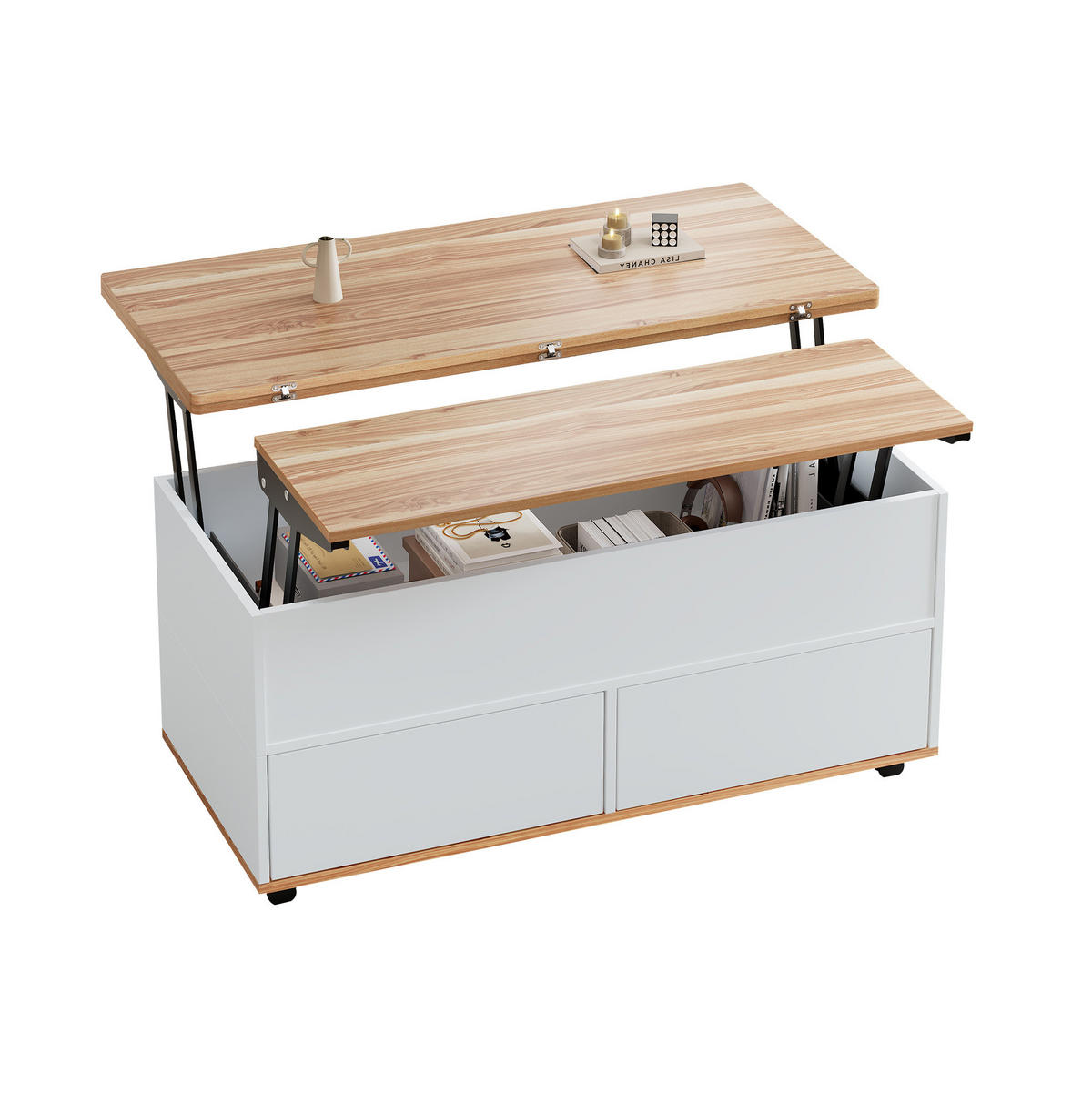 KLUPSKI stolić 100/98/65 cm, bijeli i prirodni dekor, s hidrauličnim podizanjem - bijela, drvni materijal (100/98/65cm) - BEAOK
