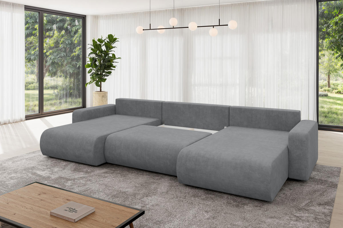 SEDACÍ SOUPRAVA DO U s funkcí spaní a úložným prostorem BERY-U 377x193x88 šedá velur - černá/šedohnědá, kompozitní dřevo/textil (377/88/193cm) - ALTDECOR