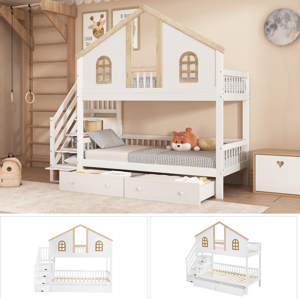 ETAGENBETT 90/200 cm Weiß+Natur mit Stauraumtreppe und zwei Rollen-Schubladen - Weiß, Holzwerkstoff (90/200cm) - OKWISH