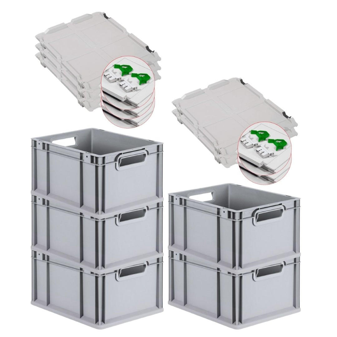 EUROBOX 5x Nextgen Economy Mit Scharnierdeckel Grau/GrünGriffe Offen 20 Liter - Grün, Kunststoff (30/22/40cm) - PROREGAL