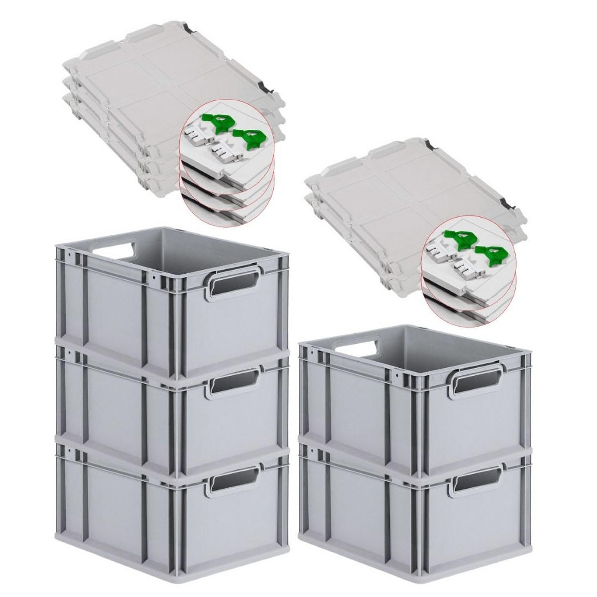 EUROBOX 5x Nextgen Economy Mit Scharnierdeckel Grau/GrünGriffe Offen 20 Liter - Grün, Kunststoff (30/22/40cm) - PROREGAL