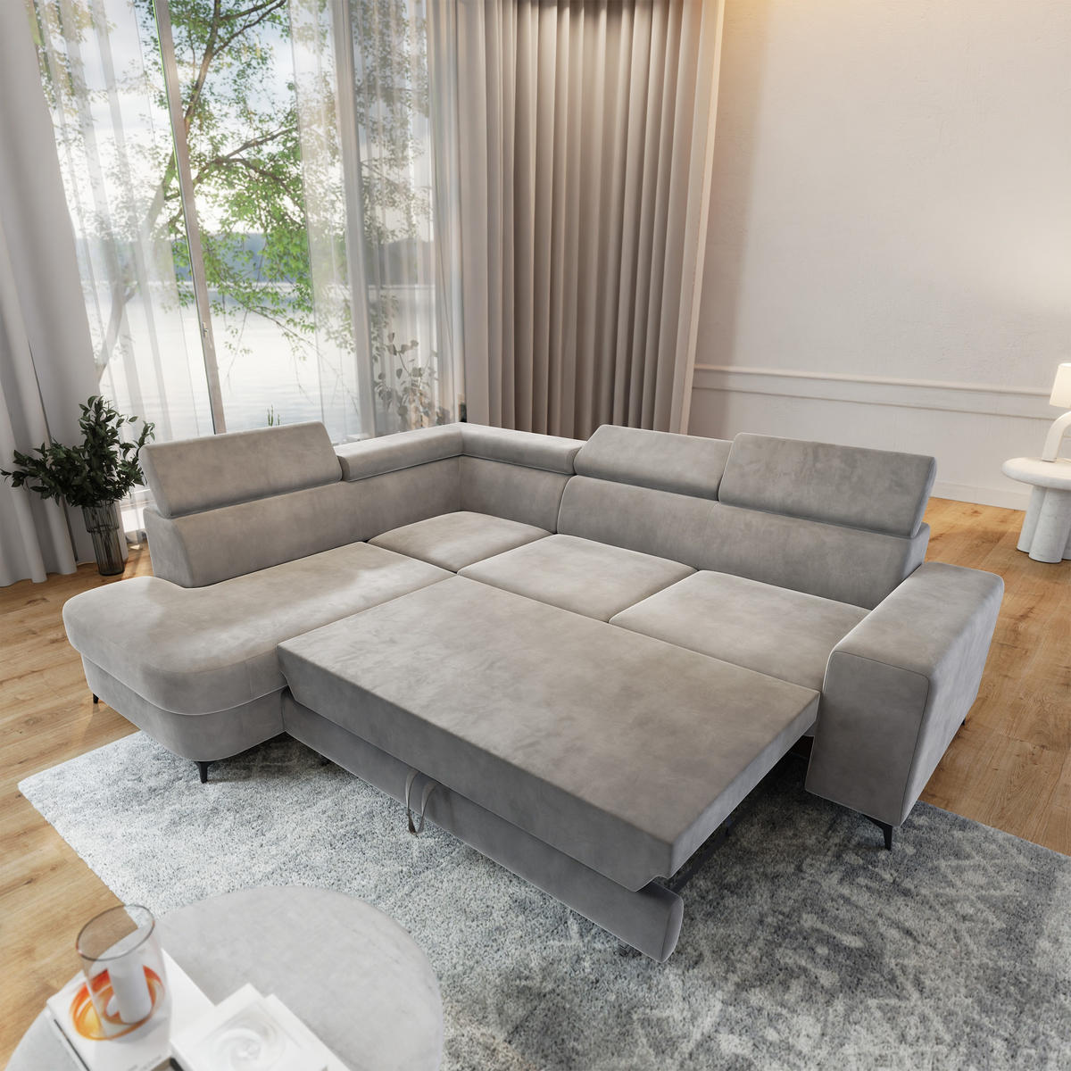 ECKSOFA ALVORO L-S Hellgrau Velours-Stoff mit Schlaffunktion - Hellgrau, Holz (253/190cm) - MASSENO