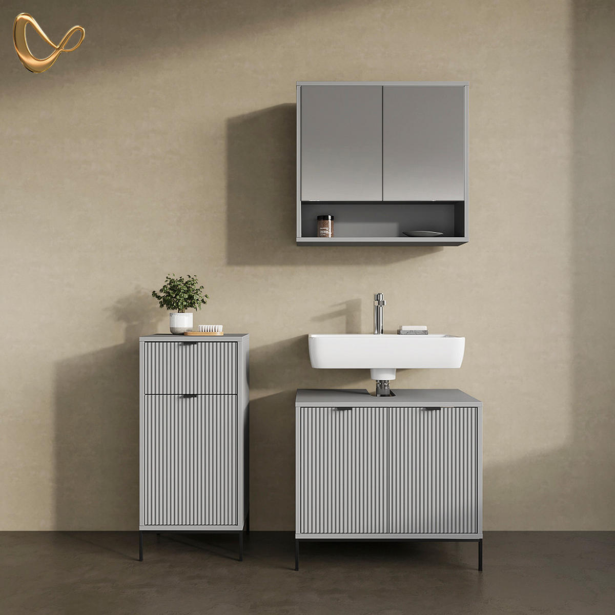 BADMÖBEL-SET ATERNO Grau 3 Teile - Grau, Holzwerkstoff (70/63/45cm) - Livinity®