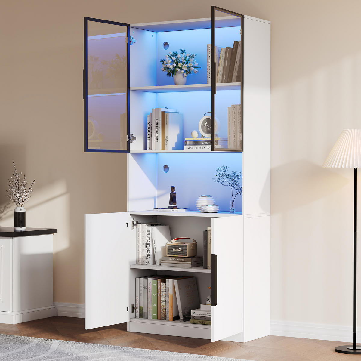 VITRINE LED Glastüren Bücherregal Weiß 80x30x200cm modern - Weiß, Holzwerkstoff (30/200/80cm) - FLIEKS