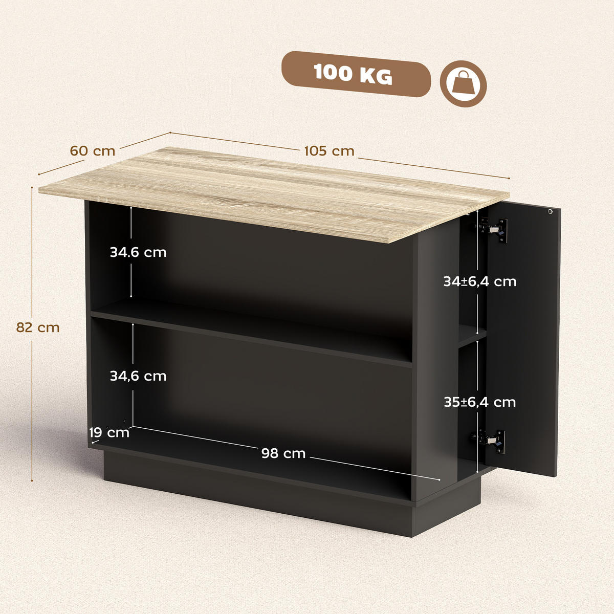 KÜCHENINSEL Schwarz 1 Stück - Schwarz, Holzwerkstoff (60/82/105cm) - GiPP