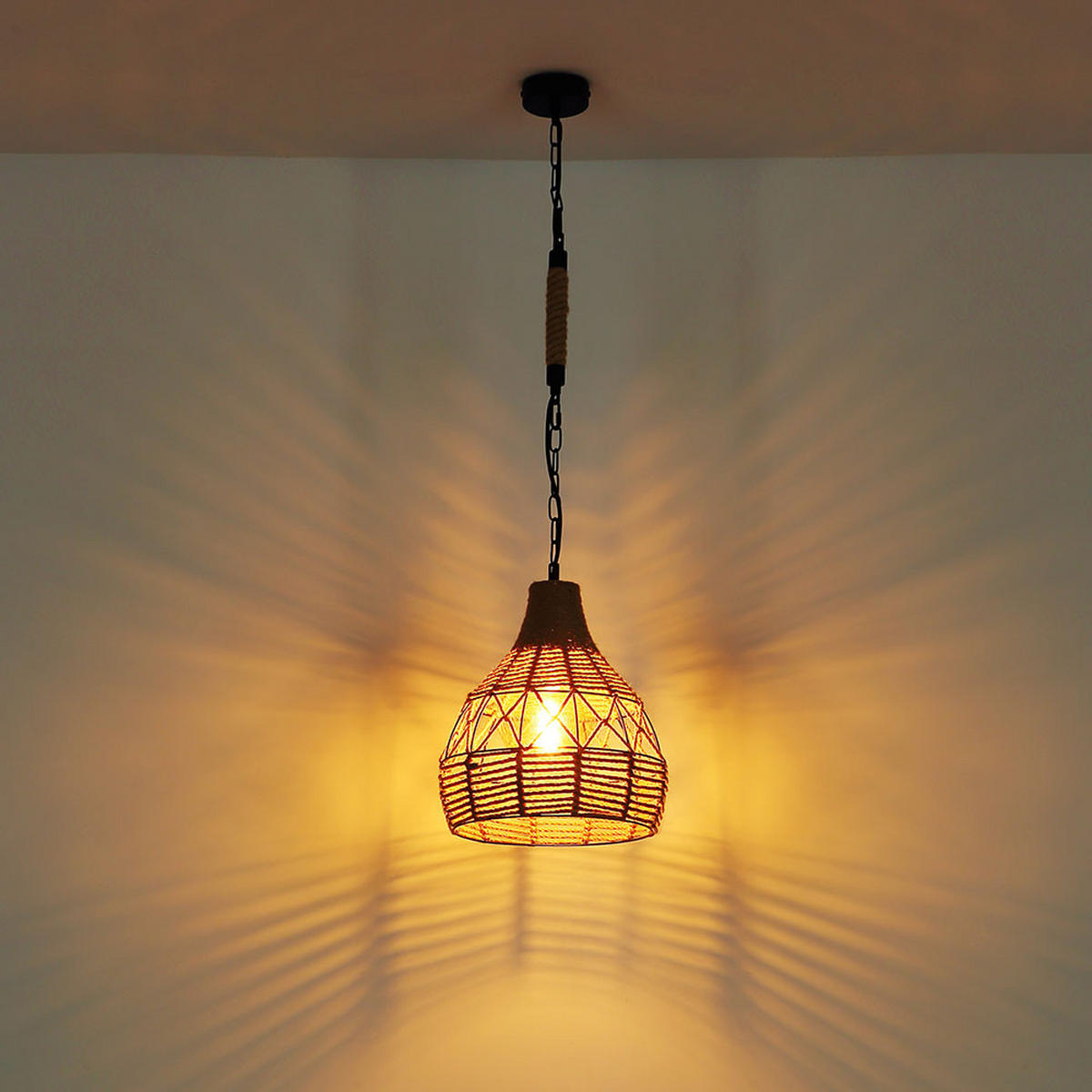 HÄNGELEUCHTE Hanfseil Braun Gitteroptik - Braun, Metall (30/30/135cm) - Globo Lighting