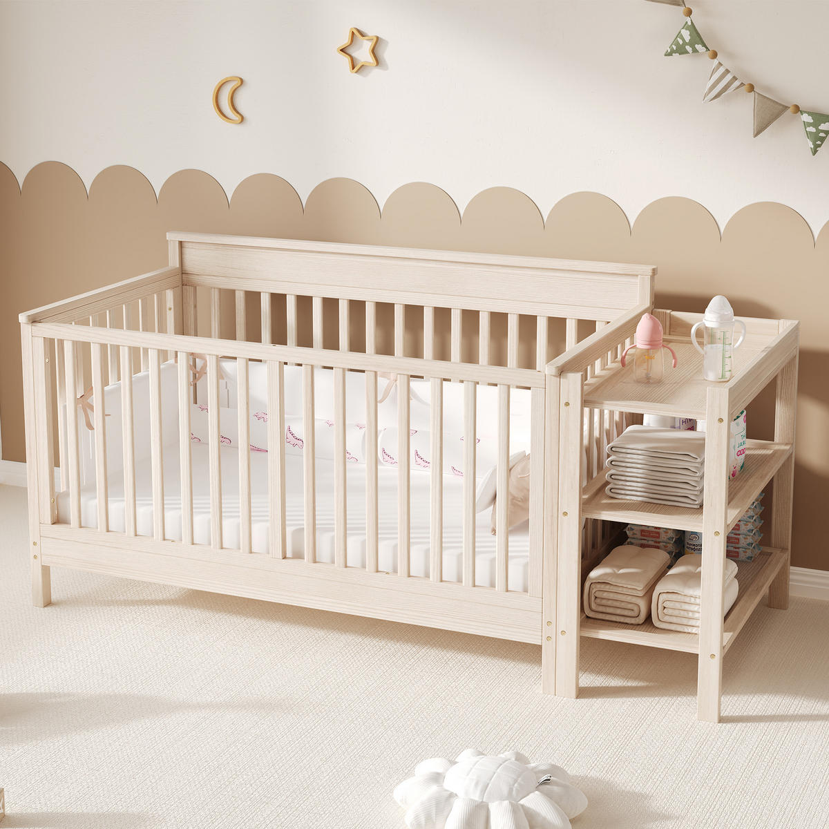KINDERBETT 140/70 cm in Natur aus Kiefernholz mit Wickeltisch, Regal und Schutzgitter - Naturfarben, Holz/Holzwerkstoff (70/140cm) - WISHDOR
