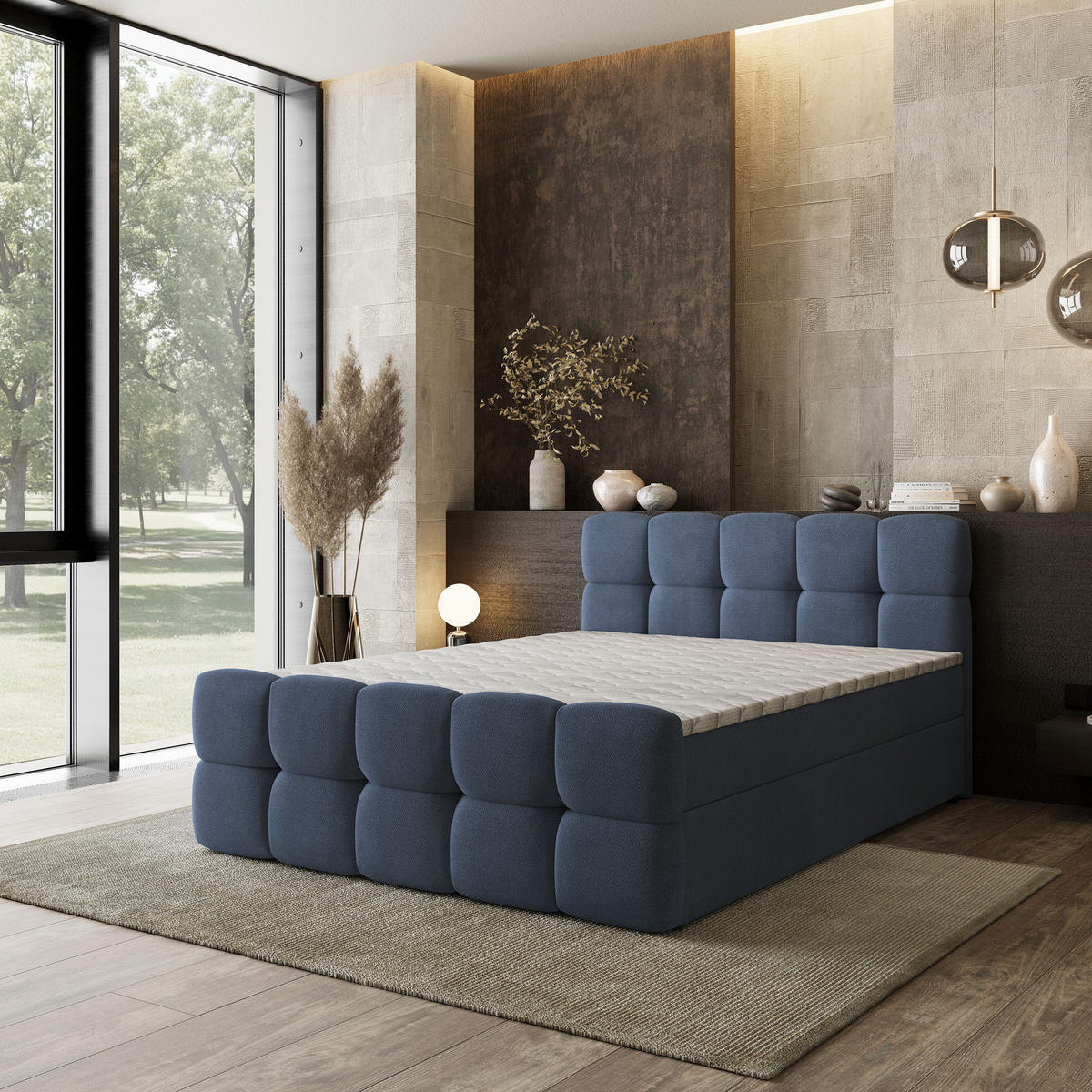 BOXBETT BRUME 180x200 cm mit Matratze und Topper, H2+H3 - Blau - Blau, Holz (180/200cm) - MASSENO