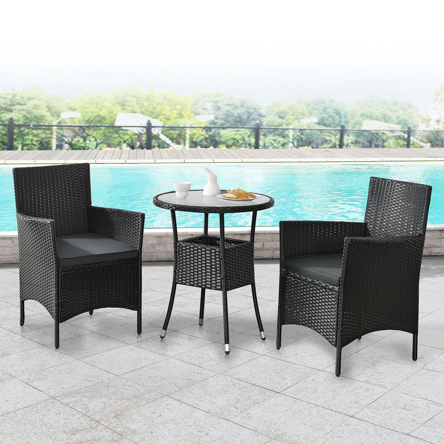 BALKON-SET Bayamo Polyrattan schwarz/dunkelgrau (3-tlg.) - Schwarz, Kunststoff - Juskys