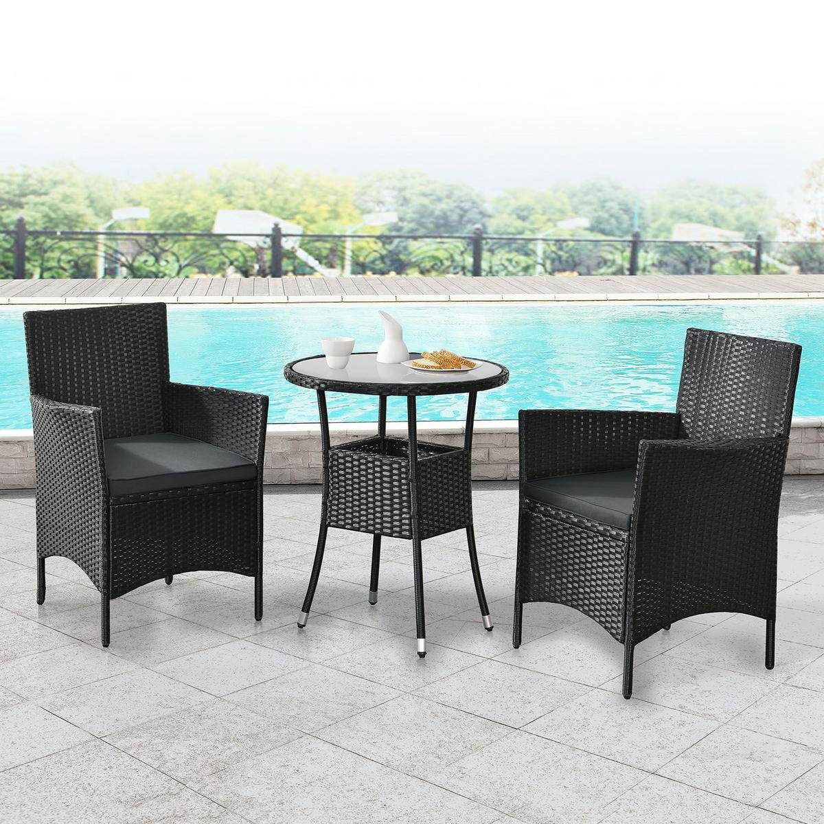 BALKON-SET Bayamo Polyrattan schwarz/dunkelgrau (3-tlg.) - Schwarz, Kunststoff - Juskys